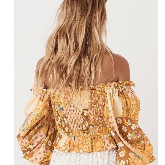 SPELL FREDA SHIRRED BLOUSE Amber 100% Organic Cotton Boho Floral Size Small NWT - Picture 3 of 15